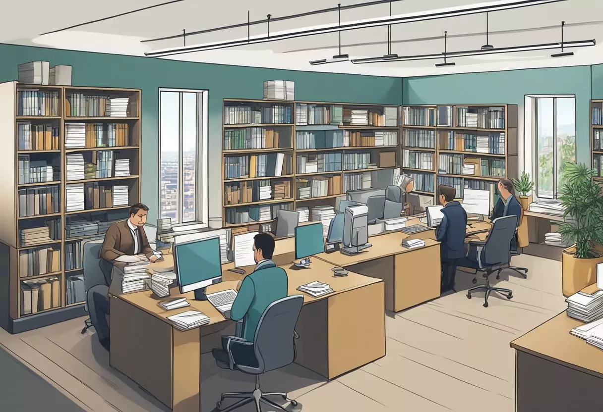 A busy office with people consulting legal documents and discussing real estate issues. Shelves of law books and a sign reading "Frequently Asked Questions Immobilien-Rechtsschutz von DA-Direkt" visible in the background