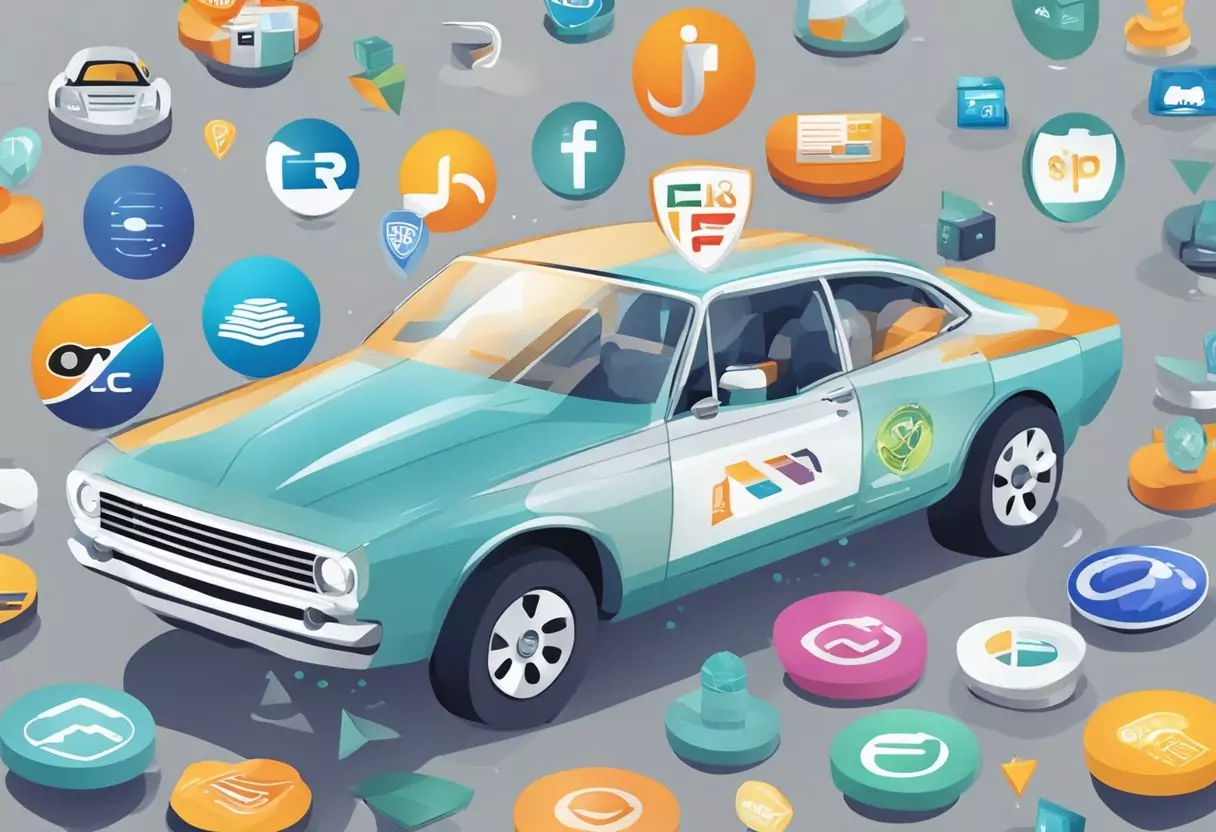 A car surrounded by logos of different direct insurance providers, with a scale comparing their benefits