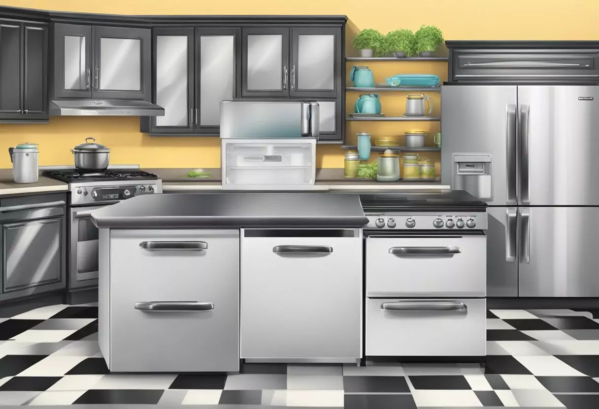 A kitchen with various appliances, such as a refrigerator, stove, and dishwasher, surrounded by a protective shield with a price tag hovering above