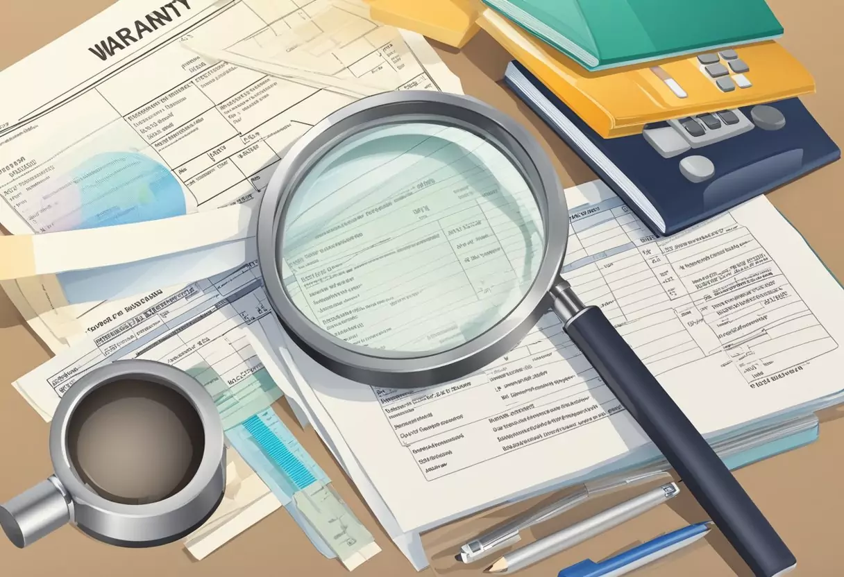 A table with three different warranty documents, a magnifying glass, and a calculator on top