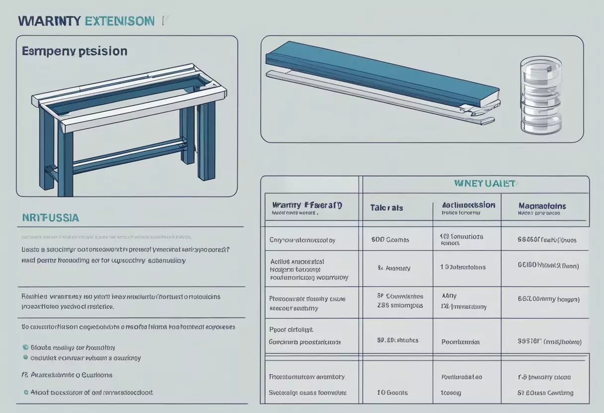 A table with three columns showing different warranty extension options, accompanied by a list of frequently asked questions