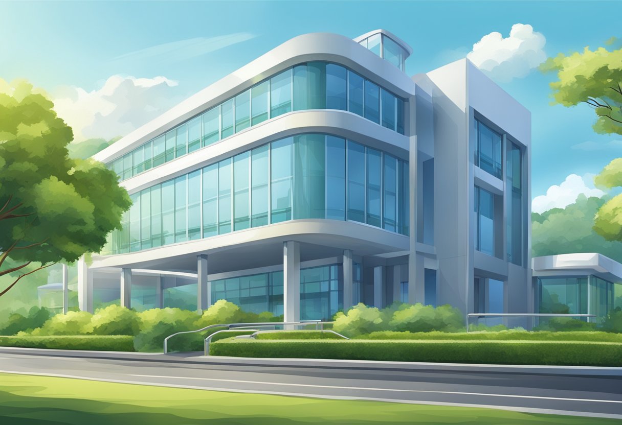 A serene landscape with a modern hospital building and a clear blue sky, surrounded by lush greenery and a peaceful atmosphere