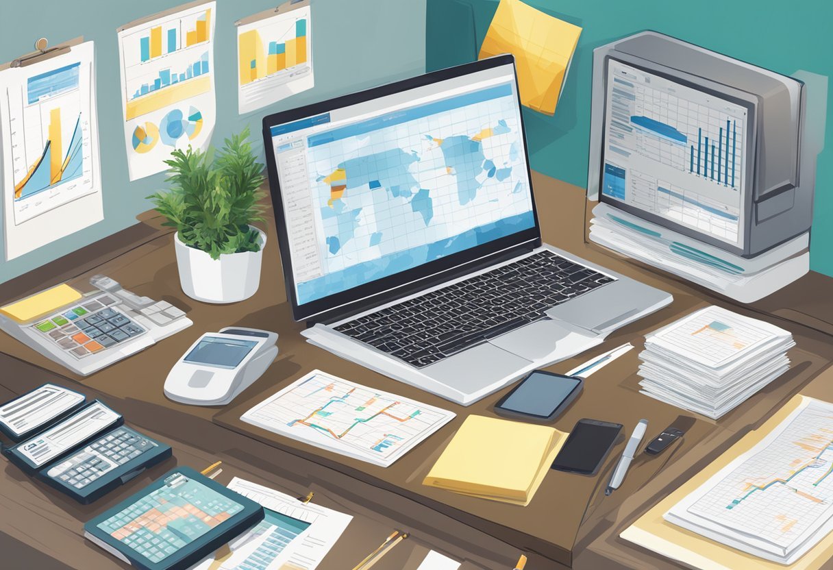 A desk with a laptop, calculator, and paperwork, surrounded by charts and graphs. A sign reads "Beste private Krankenversicherung für Selbstständige."