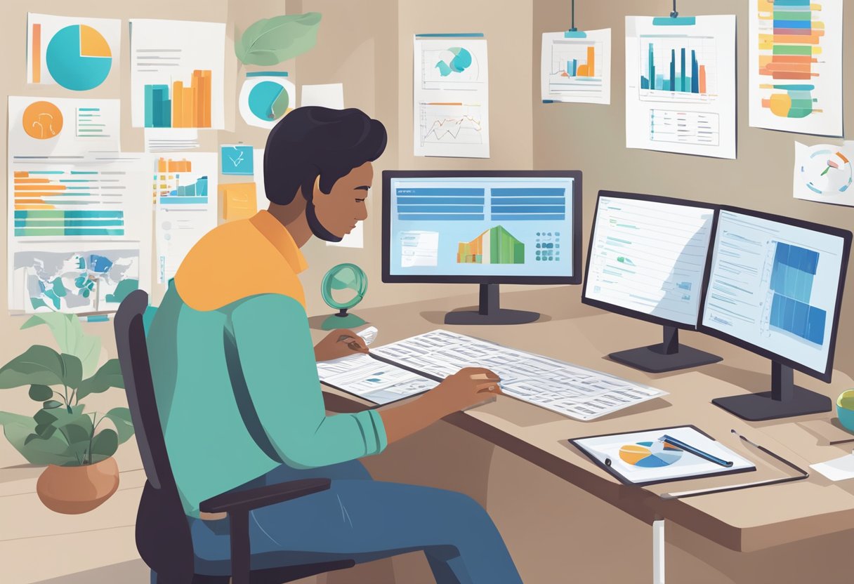 A person comparing different private health insurance options, with charts, lists, and a computer to help make the decision