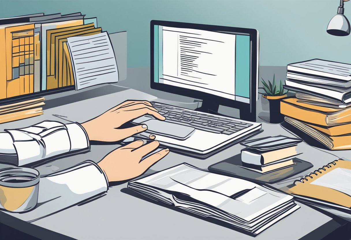 A desk with a computer, open book, and a stack of papers labeled "Frequently Asked Questions beste private Krankenversicherung." A person's hand reaching for the book