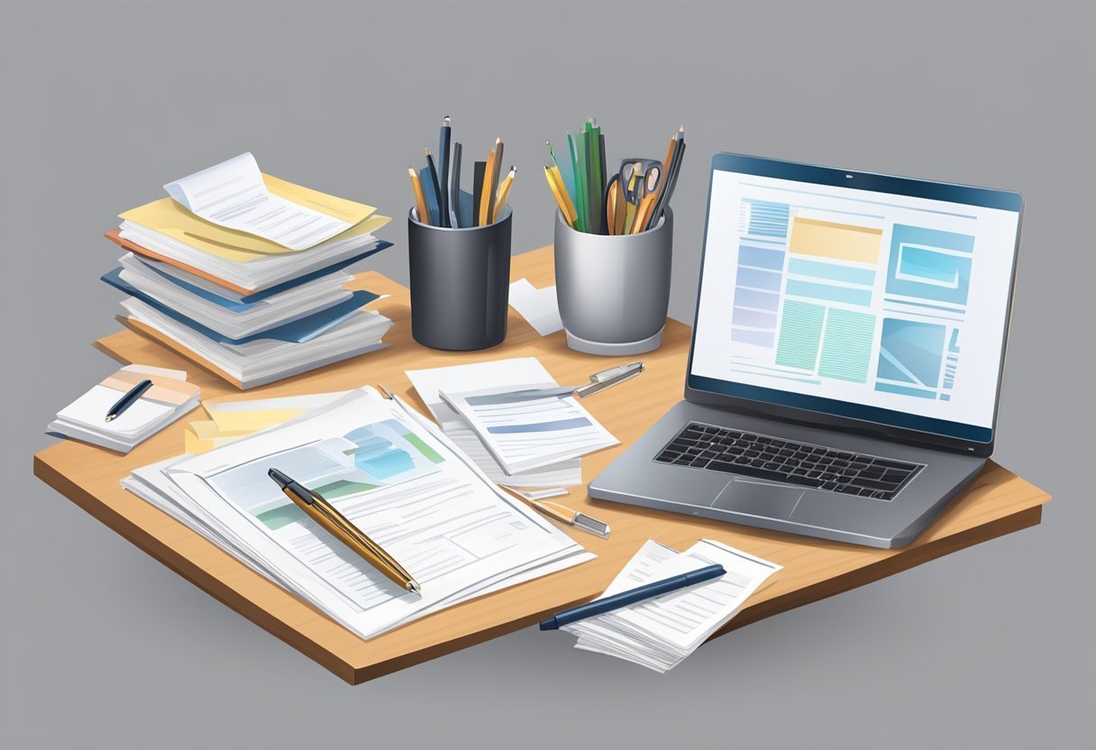 A desk with a computer and paperwork, a stack of insurance documents, and a pen