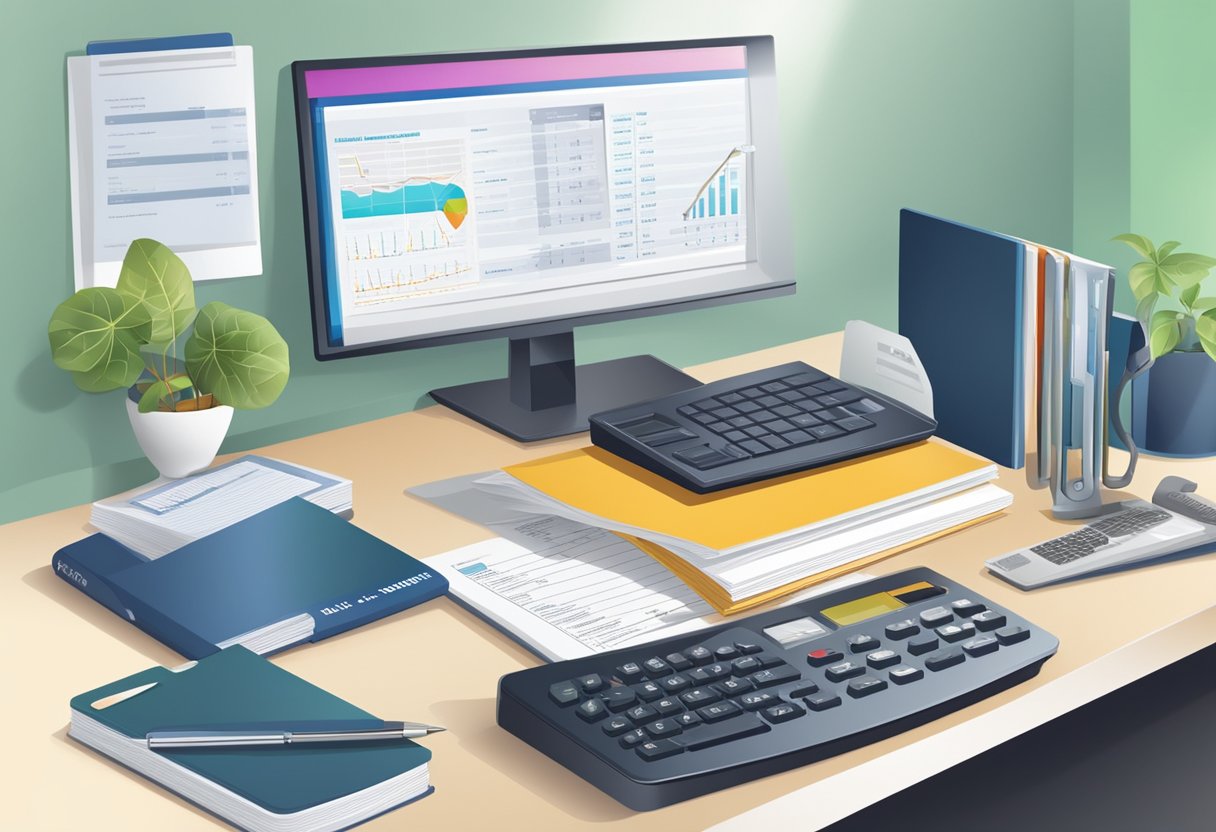 A desk with a computer, paperwork, and a calculator. A brochure for private health insurance and a price list for an Anwartschaftsversicherung