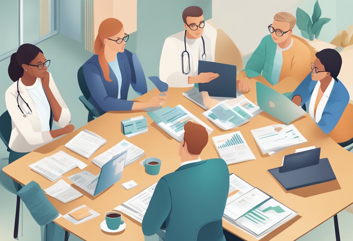 A group of people discussing different options for health insurance, including private health insurance and alternative plans