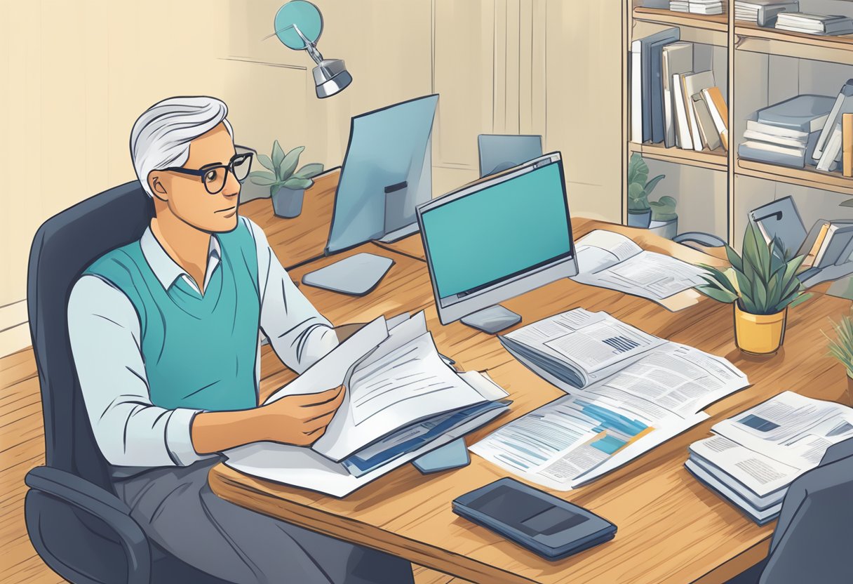 A person researching tax aspects of an annuity insurance, with a private health insurance brochure nearby