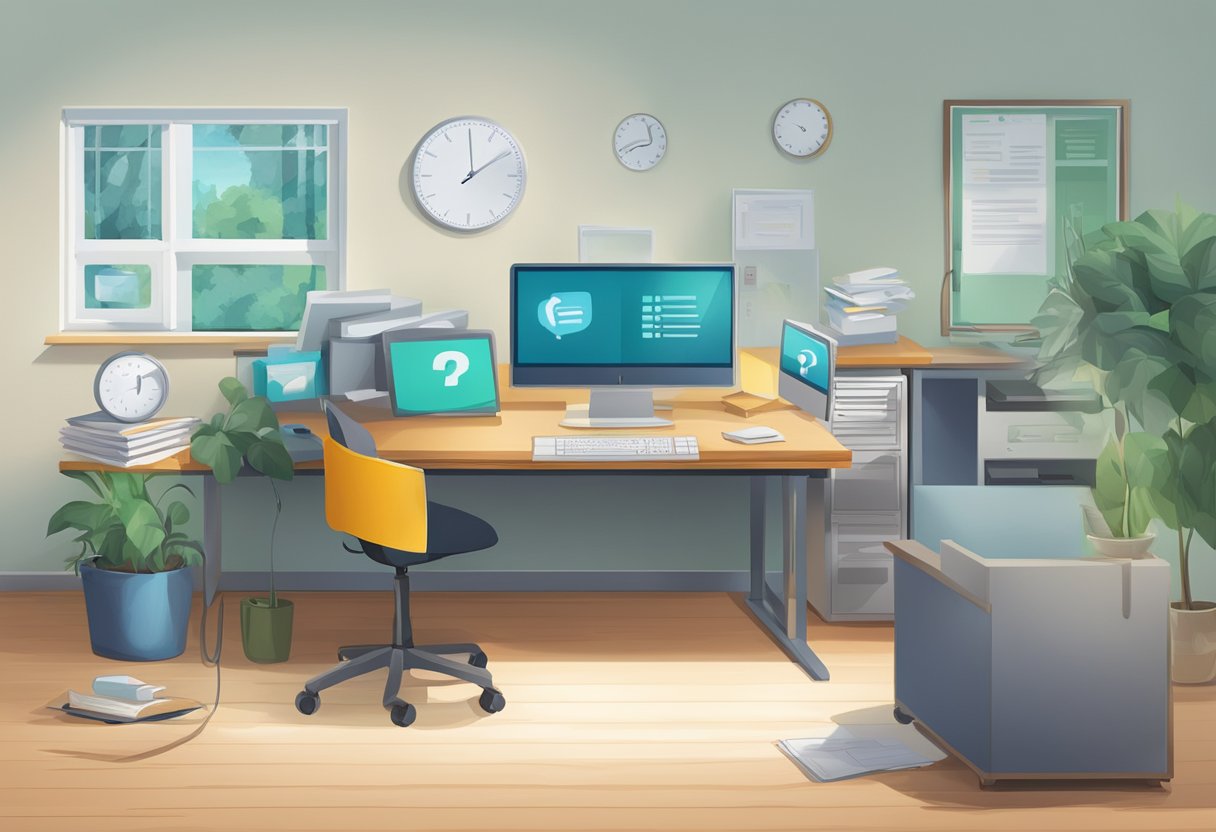 A desk with a computer, phone, and paperwork. A sign on the wall reads "Frequently Asked Questions private krankenversicherung anwartschaft."