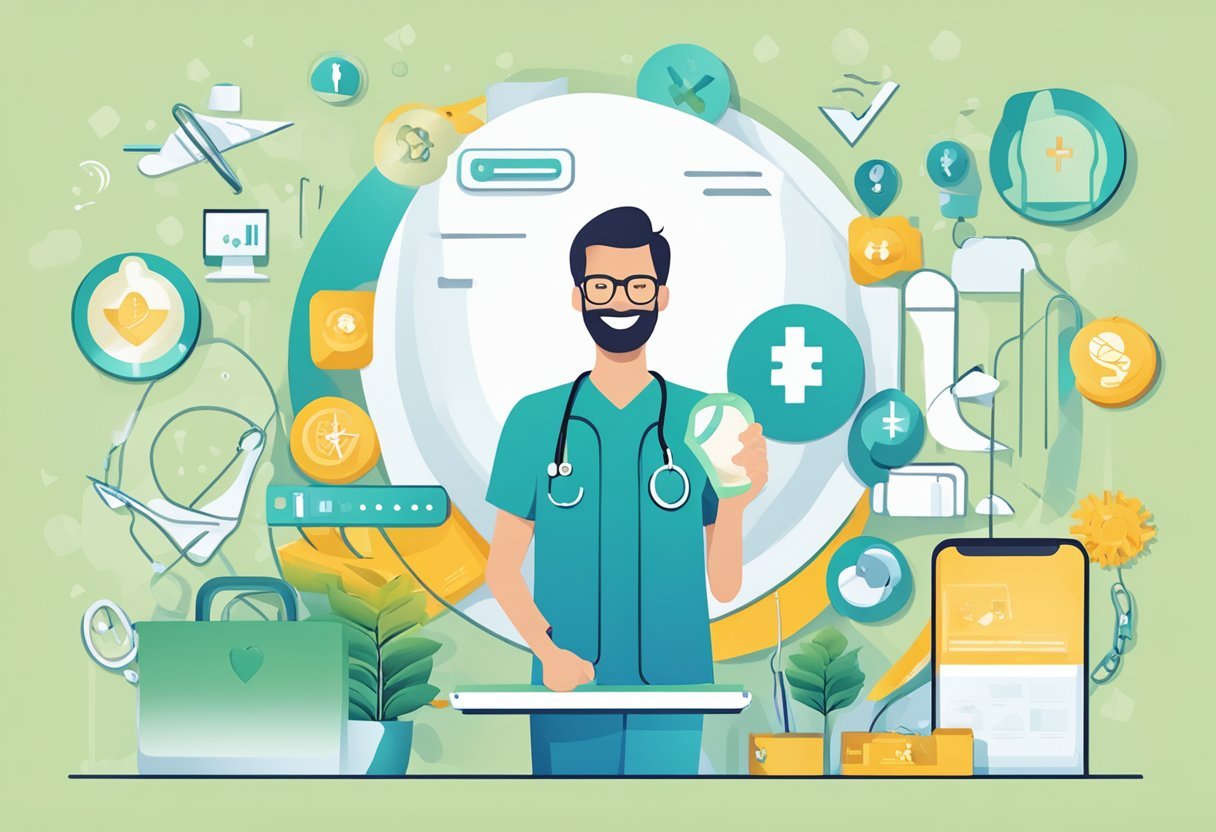 A Debeka private health insurance card surrounded by medical symbols and a satisfied customer