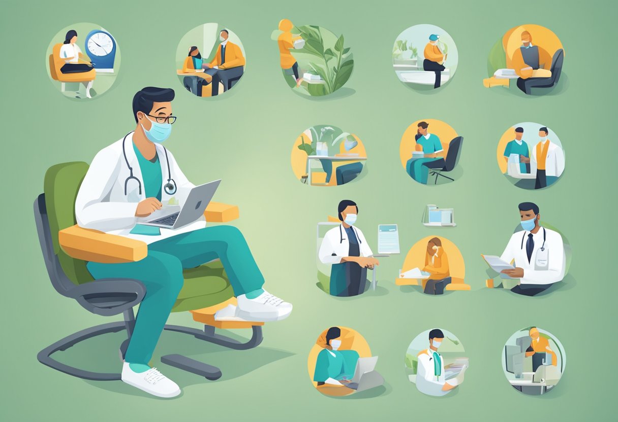 A desk with a laptop, paperwork, and a Debeka private health insurance brochure. A badge or emblem indicating "Beamte" (civil servant) affiliation