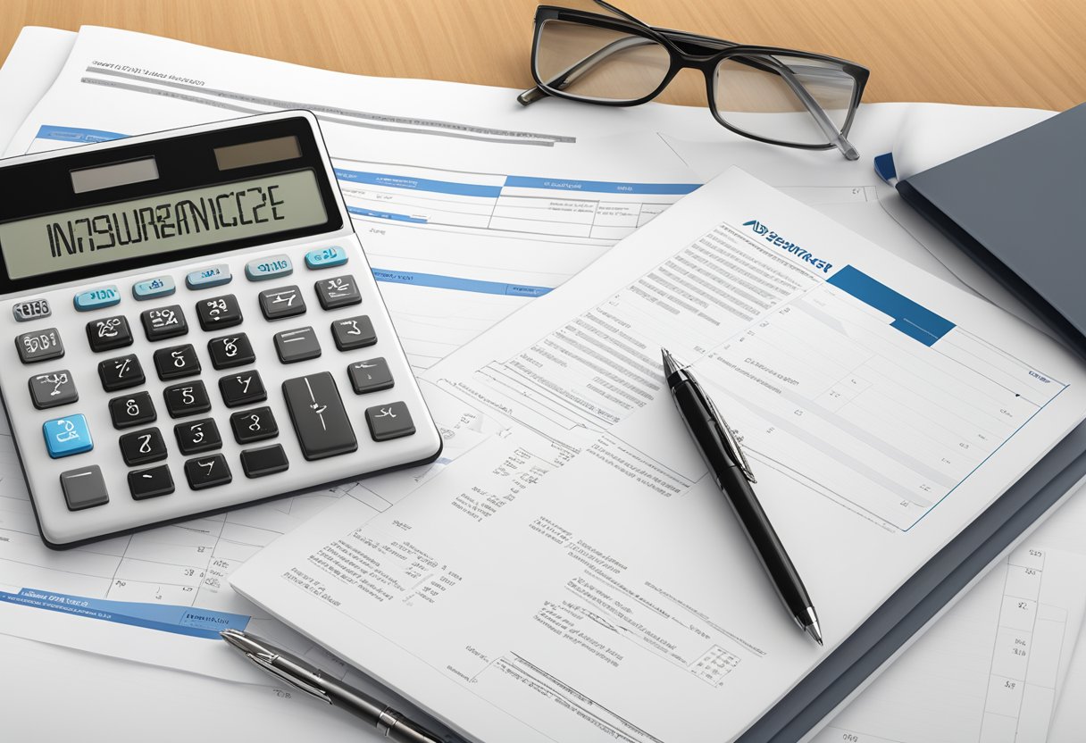 A calculator and an insurance policy document are laid out on a desk, with a pen and a notepad nearby. The Debeka logo is visible on the document
