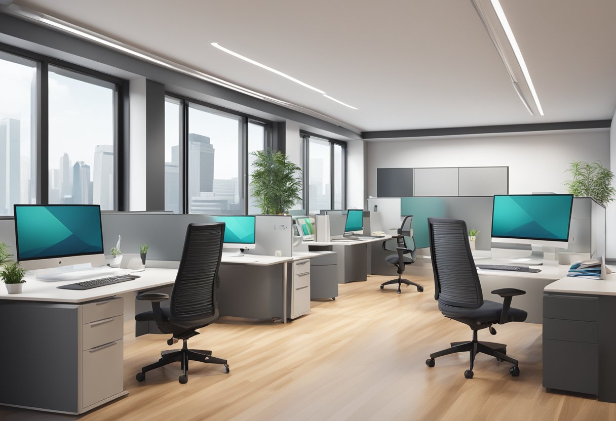 A modern office setting with the Debeka private health insurance logo prominently displayed on a computer screen and paperwork on a desk