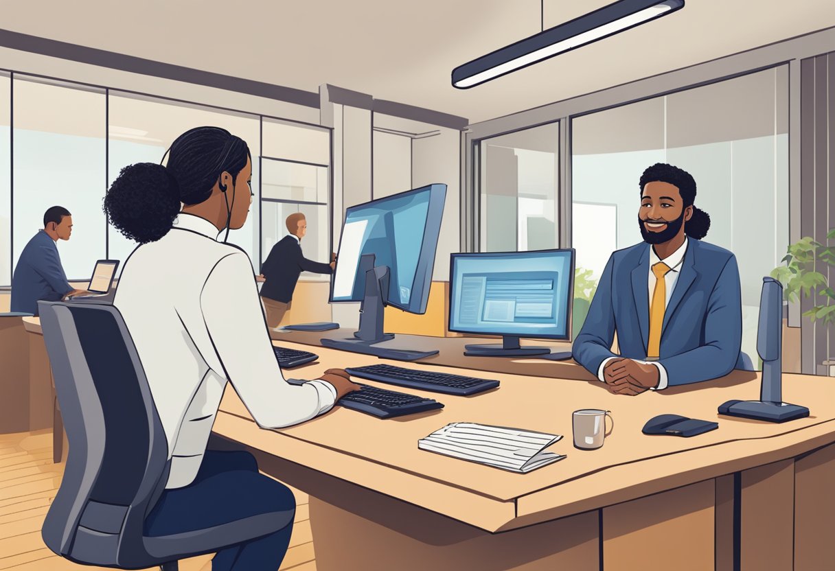 A customer service representative at Debeka assists a client with a private health insurance inquiry, providing helpful and attentive support