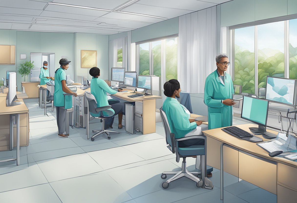 The scene depicts a secure and organized process of Debeka private health insurance for international coverage