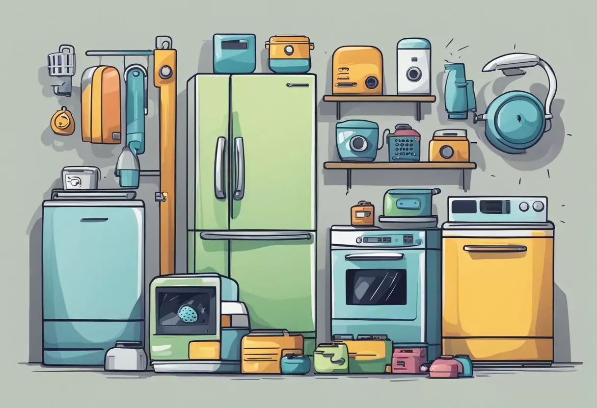 A collection of household appliances, including a refrigerator, microwave, and washing machine, surrounded by question marks and a sense of uncertainty
