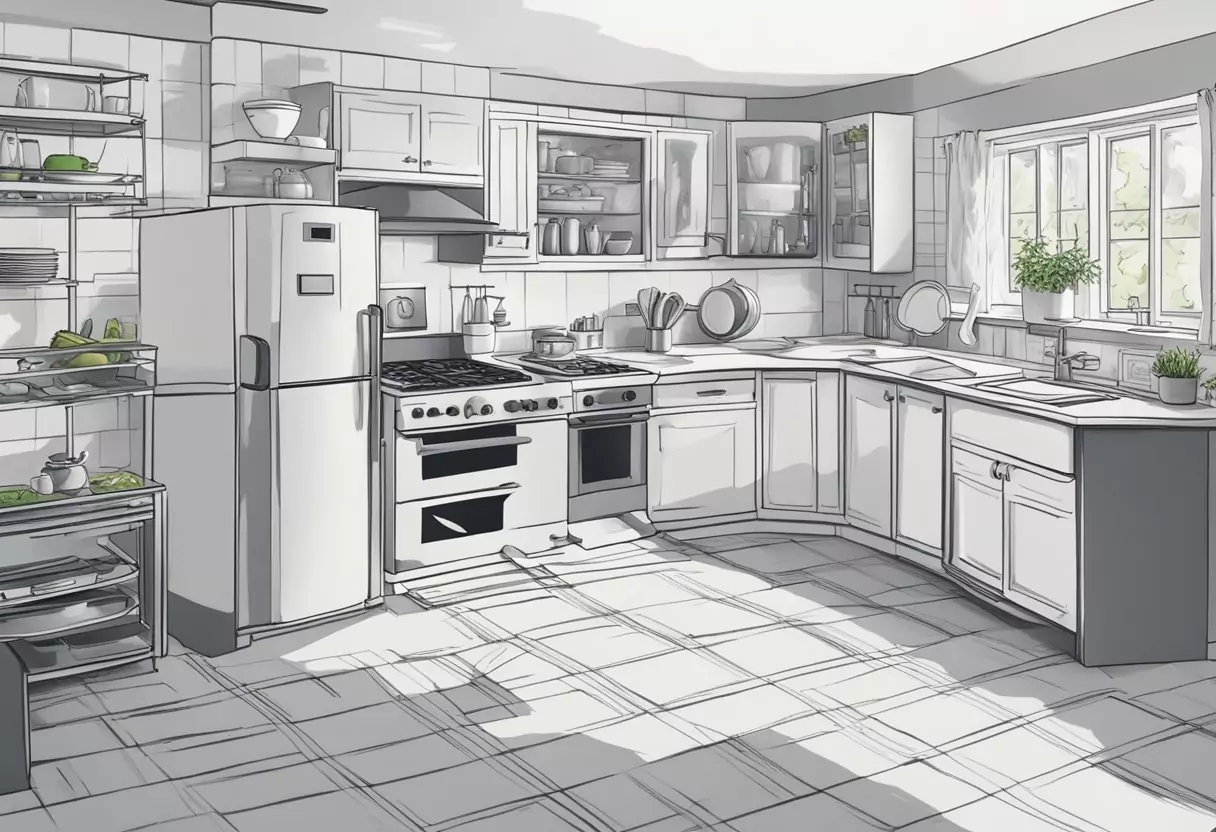 A kitchen with various appliances like a refrigerator, oven, and dishwasher. A person holding a document labeled "Haushaltsgeräteversicherung" with a worried expression