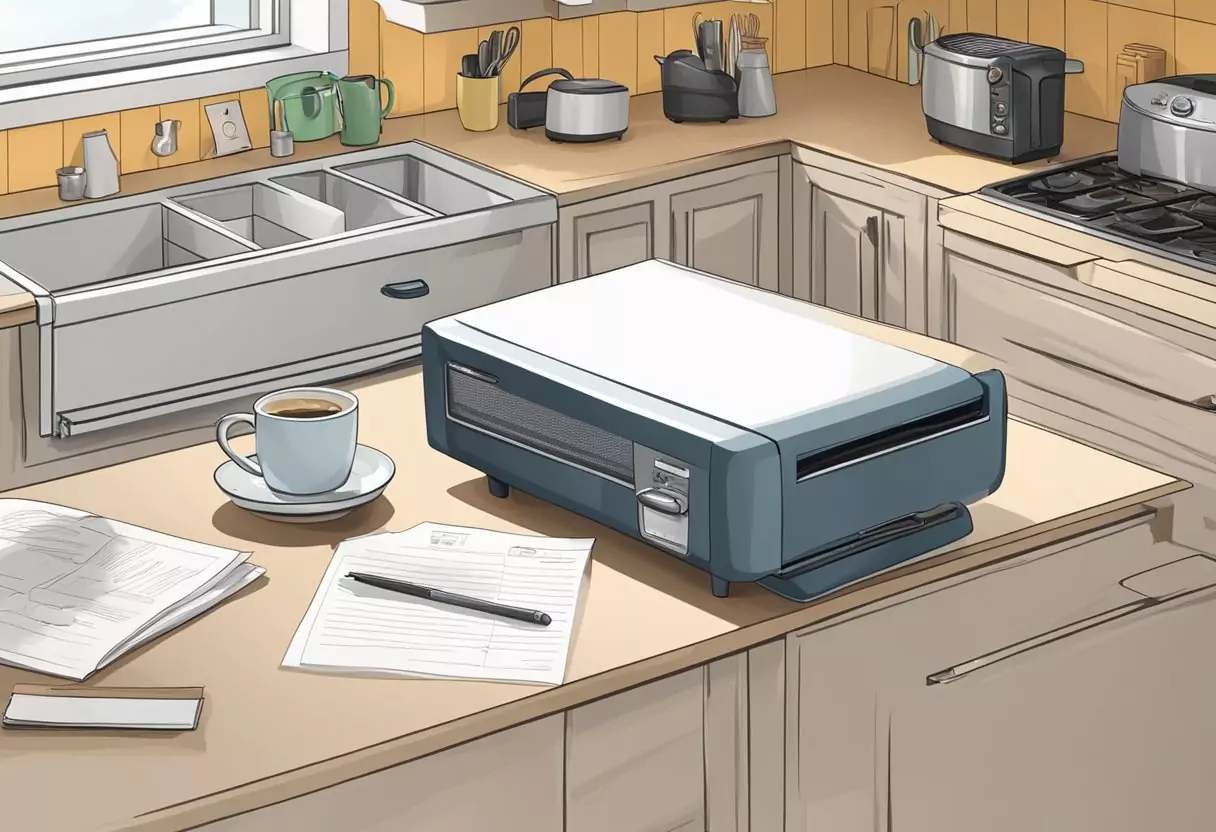 A letter of termination sits on a kitchen counter, next to an open drawer filled with appliance manuals and a broken toaster