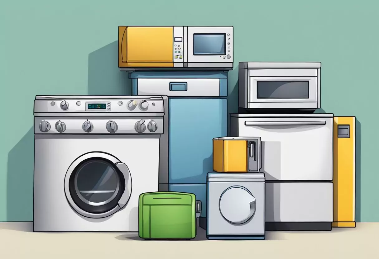 A stack of household appliances with a question mark hovering above