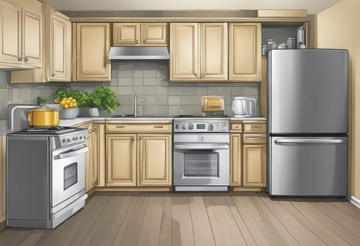 A kitchen filled with various household appliances, such as a refrigerator, stove, dishwasher, and microwave, all covered by a protective appliance insurance policy
