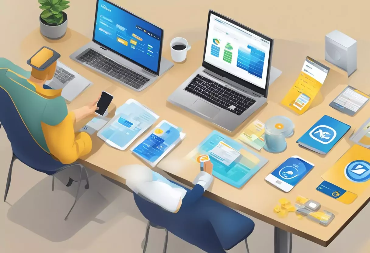A table with six insurance company logos, representing Barmenia, ottonova, arag, allianz, dkv, and hansemerkur, with a laptop and smartphone displaying digital comparison tools