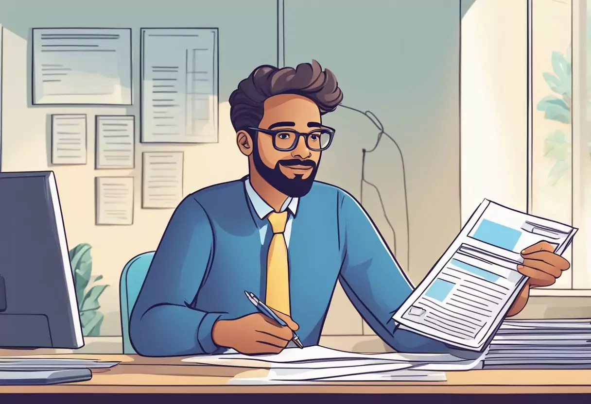 A person receiving a disability insurance policy document with a thoughtful expression