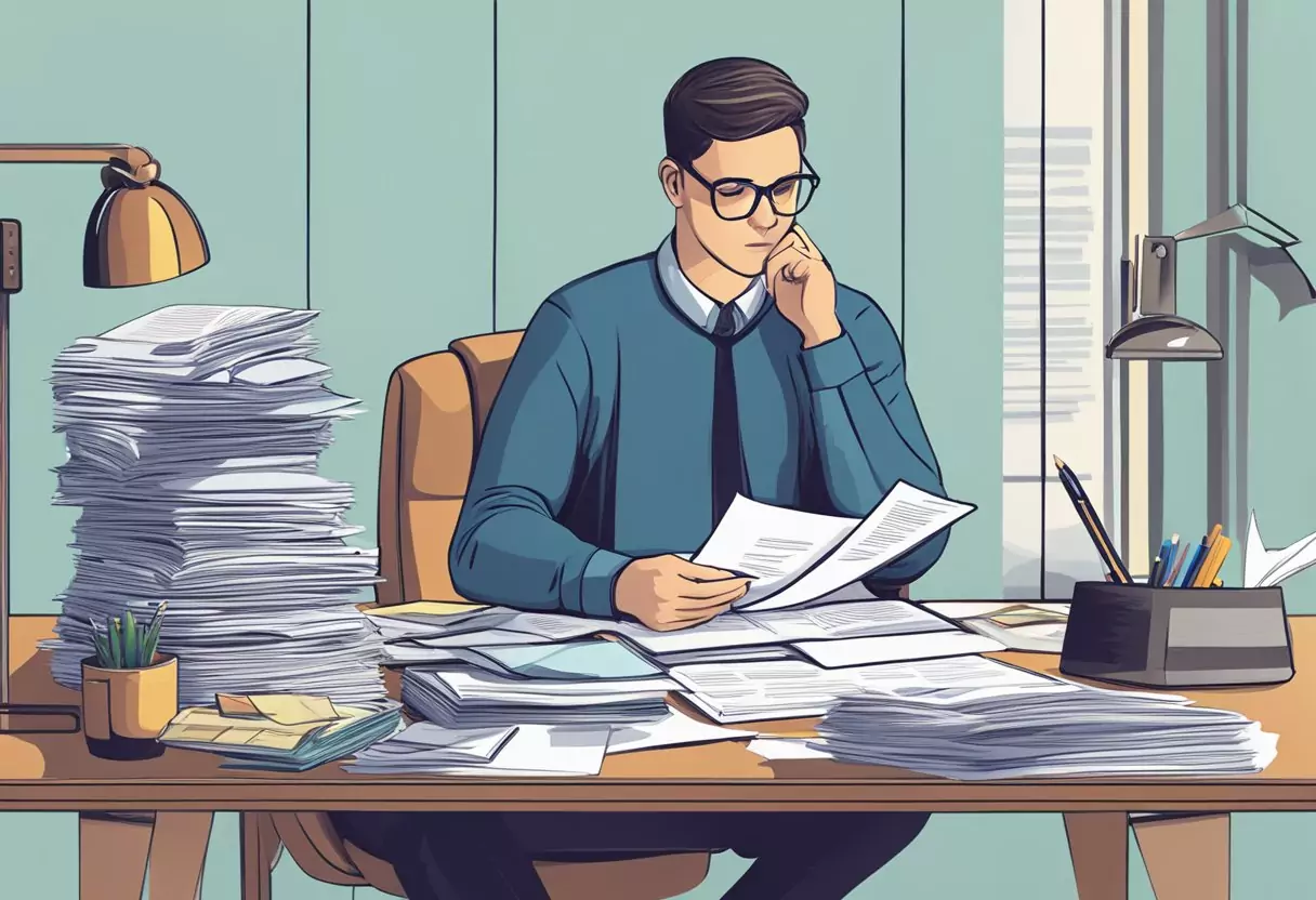 A person sits at a desk, surrounded by paperwork and financial documents. They are deep in thought, contemplating the importance of disability insurance