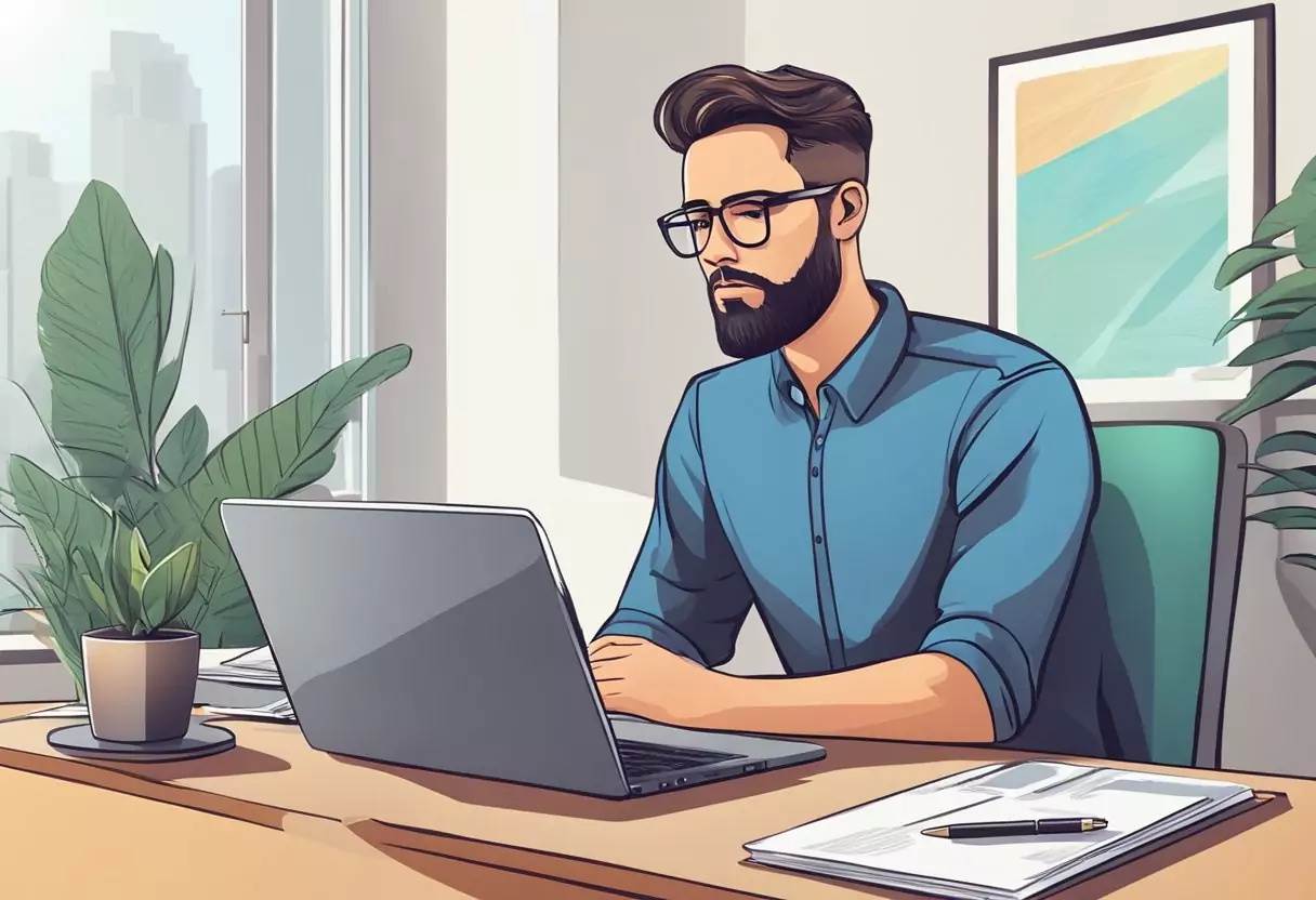 A self-employed individual contemplates the importance of disability insurance while working at a desk with a laptop and paperwork