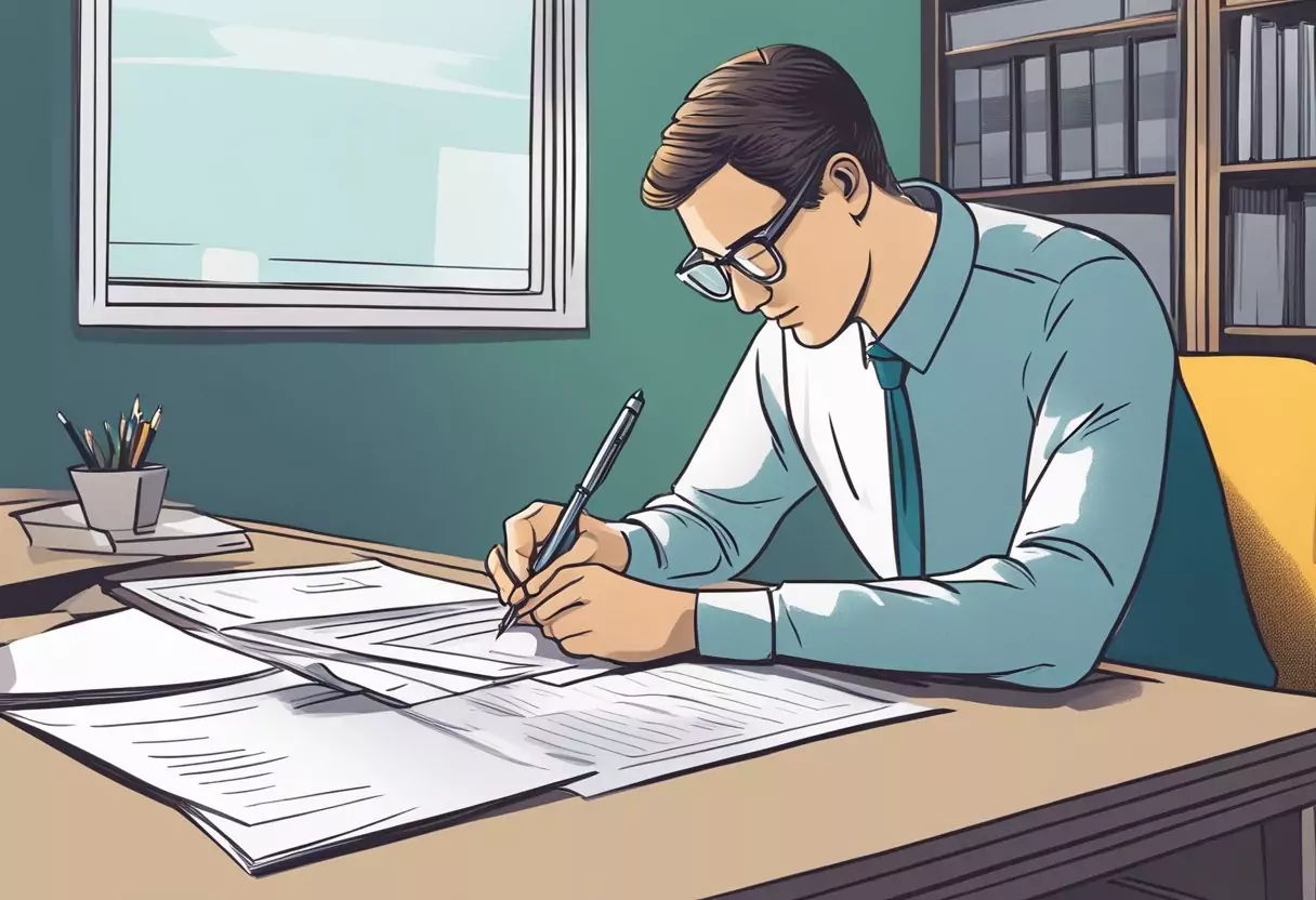 A person reviewing and signing a Berufsunfähigkeitsversicherung document at a desk with a pen and paper