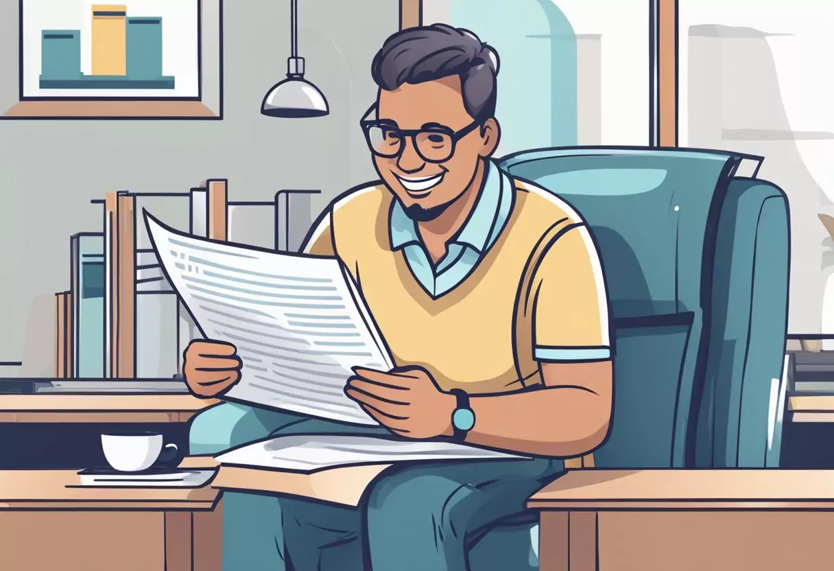 A person reviewing documents and smiling after reading about the benefits of disability insurance