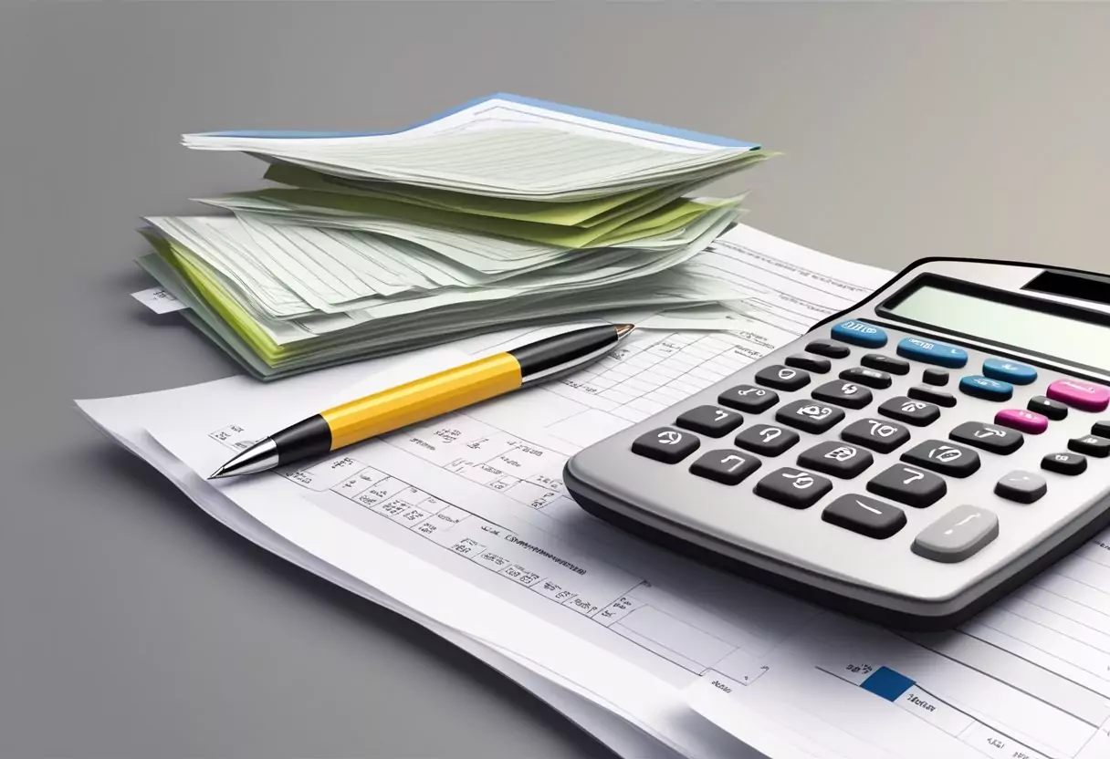 A stack of insurance documents with a pen and calculator, symbolizing the decision-making process of combining disability and occupational insurance