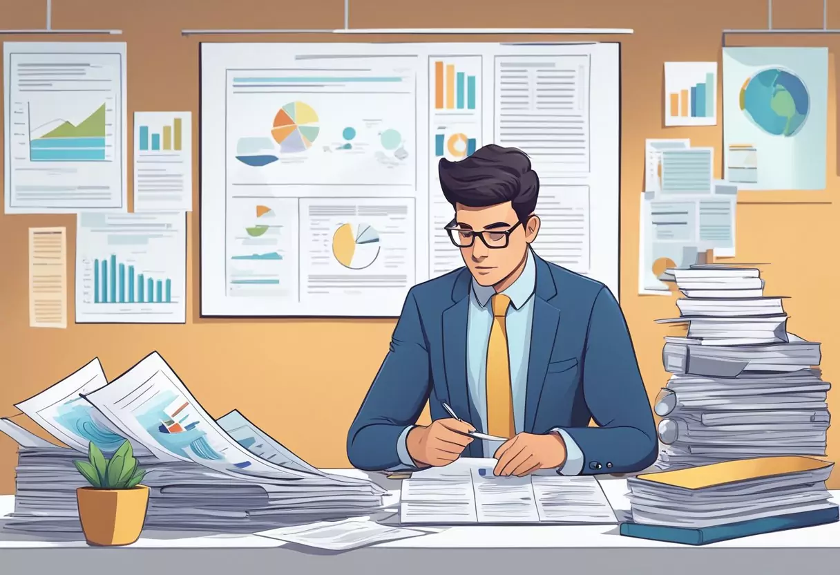 A person reviewing insurance policy documents with a concerned expression, surrounded by charts and financial papers