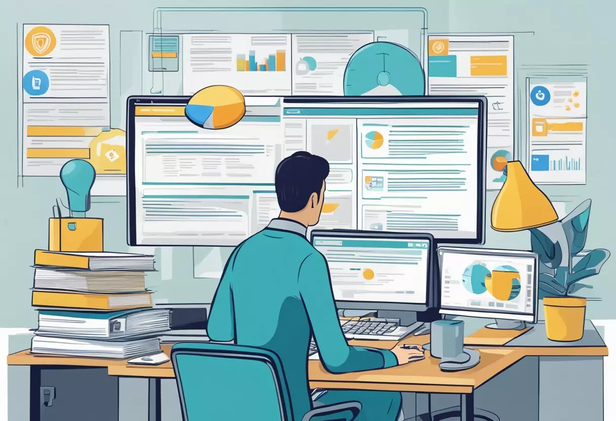 A desk with a laptop, calculator, and insurance documents. A person's hand signing a contract. An expert giving advice
