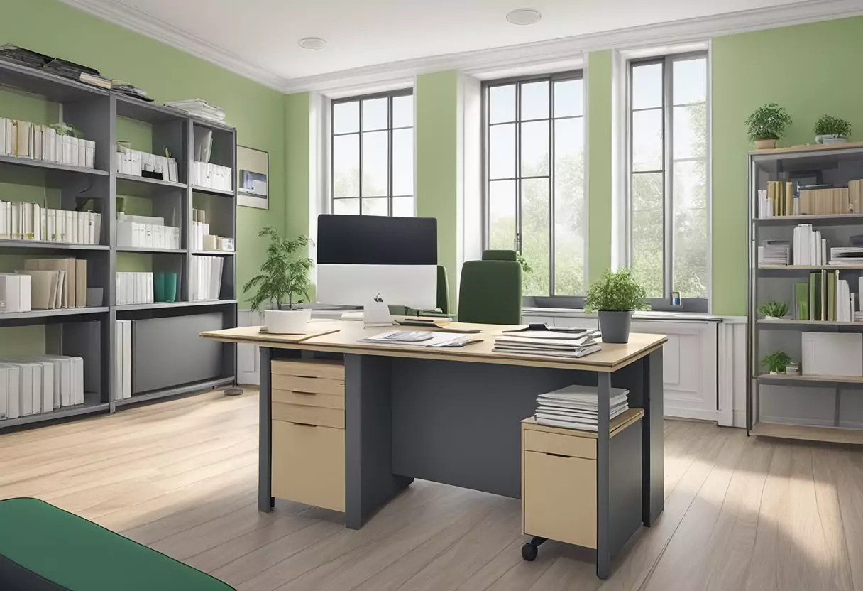 A scene of a peaceful, organized office space with the Alte Leipziger logo and documents on a desk