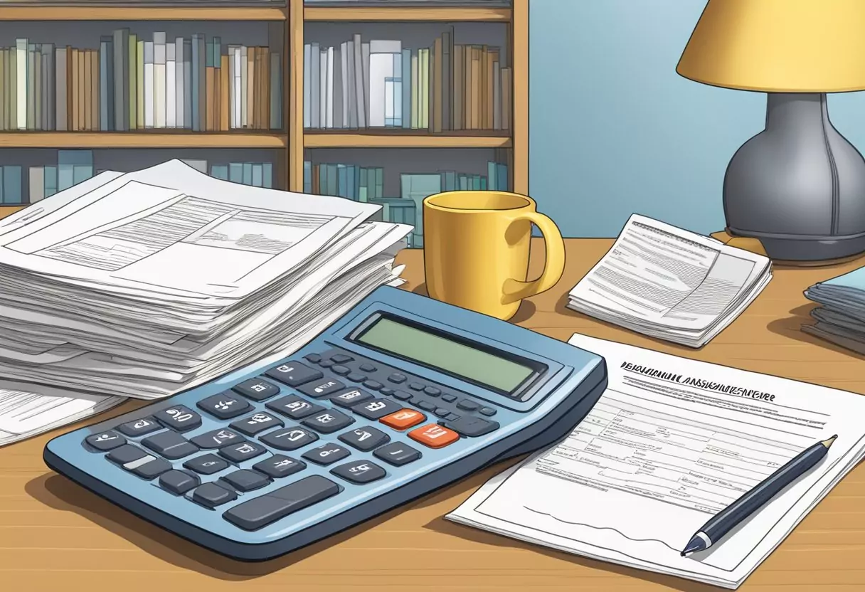 A table with paperwork, calculator, and insurance policy documents for Berufsunfähigkeitsversicherung Alte Leipziger
