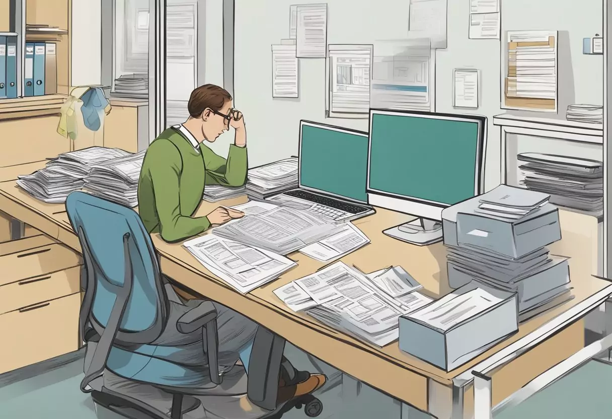 A person sitting at a desk, surrounded by paperwork and a computer, with an insurance policy from "Berufsunfähigkeitsversicherung Alte Leipziger" prominently displayed