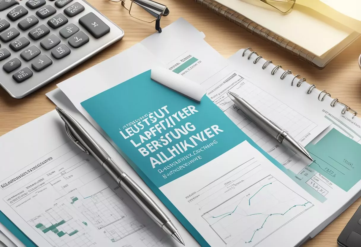 The scene shows a brochure with the title "Leistungen und Tarife der Alten Leipziger BU Berufsunfähigkeitsversicherung Alte Leipziger" displayed on a desk with a pen and calculator