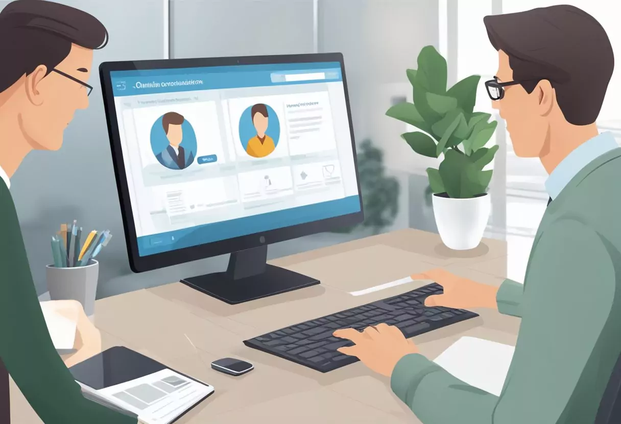 An online consultation for disability insurance with Alte Leipziger, showing a computer screen with a completed application and a virtual advisor assisting the customer