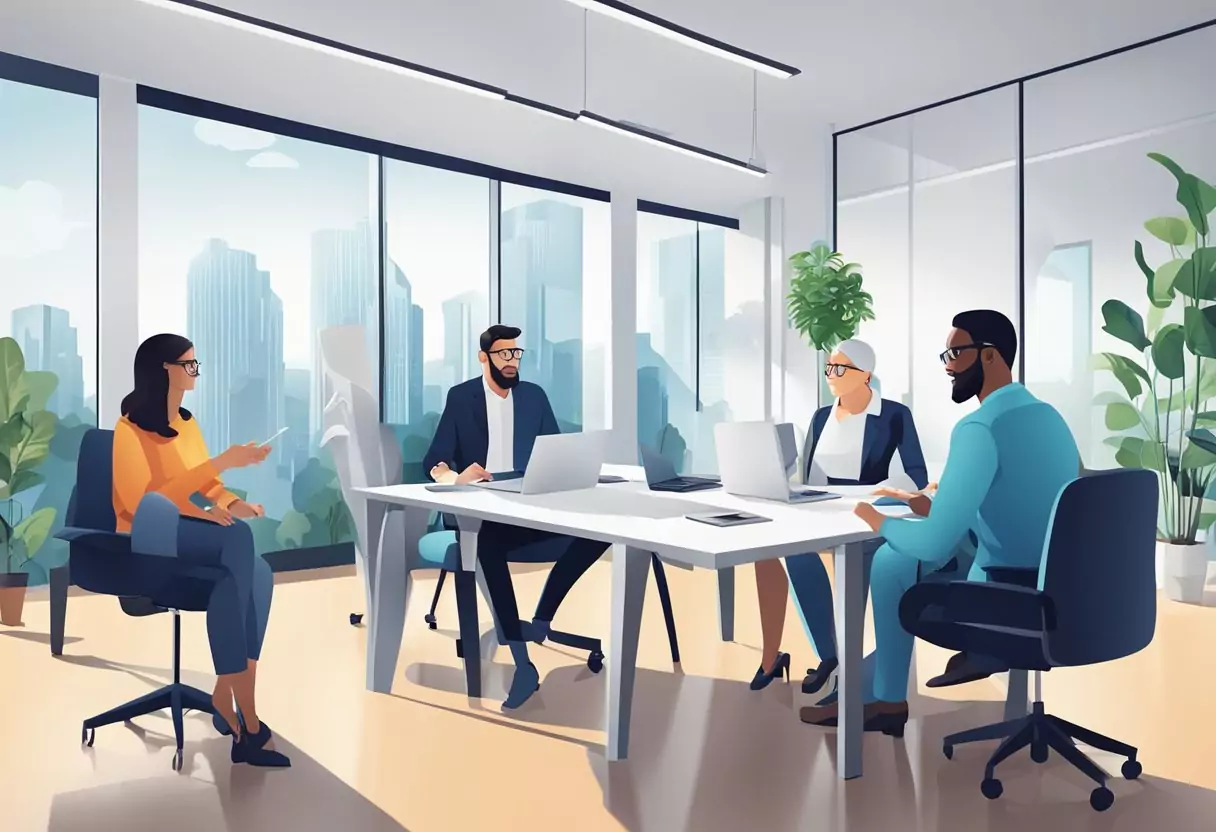 A diverse group of professionals discuss Alte Leipziger's disability insurance. The setting is a modern office with a mix of professionals and target customers