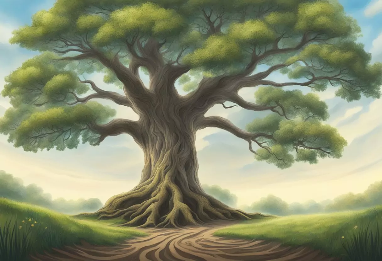 A sturdy oak tree stands tall, with roots deeply embedded in the earth. Its branches reach towards the sky, symbolizing financial stability and corporate information for Alte Leipziger's disability insurance