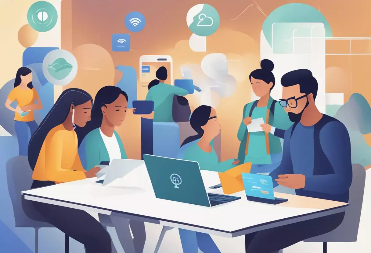 A group of active credit card users engage in various transactions, while non-active users appear disengaged. The DKB logo is prominently displayed in the background