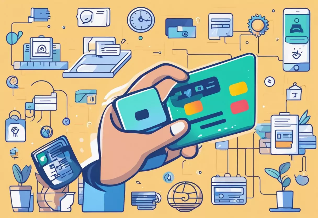 A hand holding a DKB credit card with various benefits and services floating around it in a colorful and dynamic display