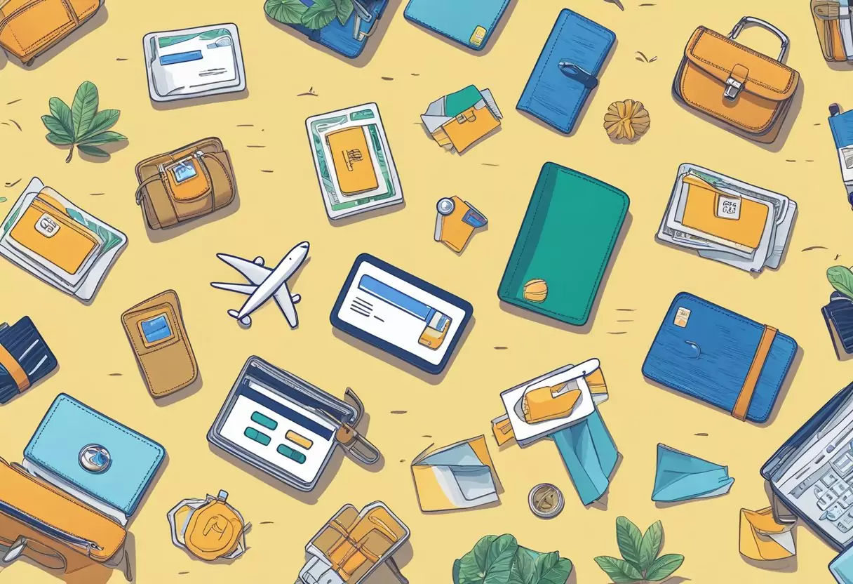 A hand holding a DKB credit card with travel-related icons (plane, suitcase, etc.) floating around it
