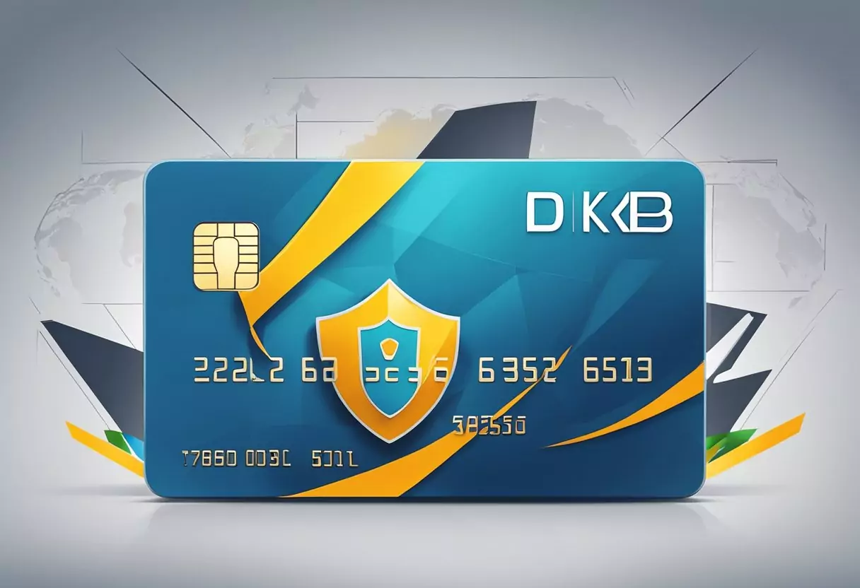 A secure credit card with the DKB logo surrounded by a shield and lock symbolizing safety and protection