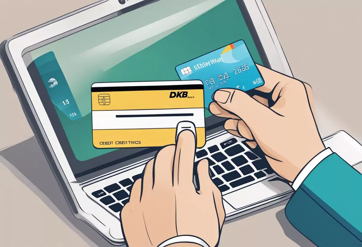 A hand holding a DKB credit card, with a computer screen showing the online application process and a smartphone displaying the activation confirmation message