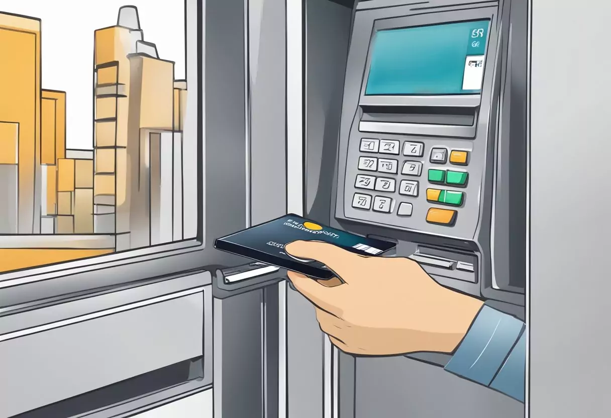 A hand inserting a DKB credit card into an ATM machine, followed by a payment transaction at a store