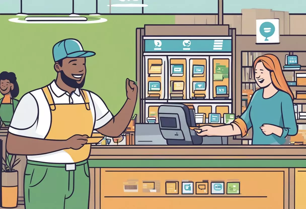 A customer happily swiping a DKB credit card at a store, while a speech bubble above them shows positive reviews and experiences with the card