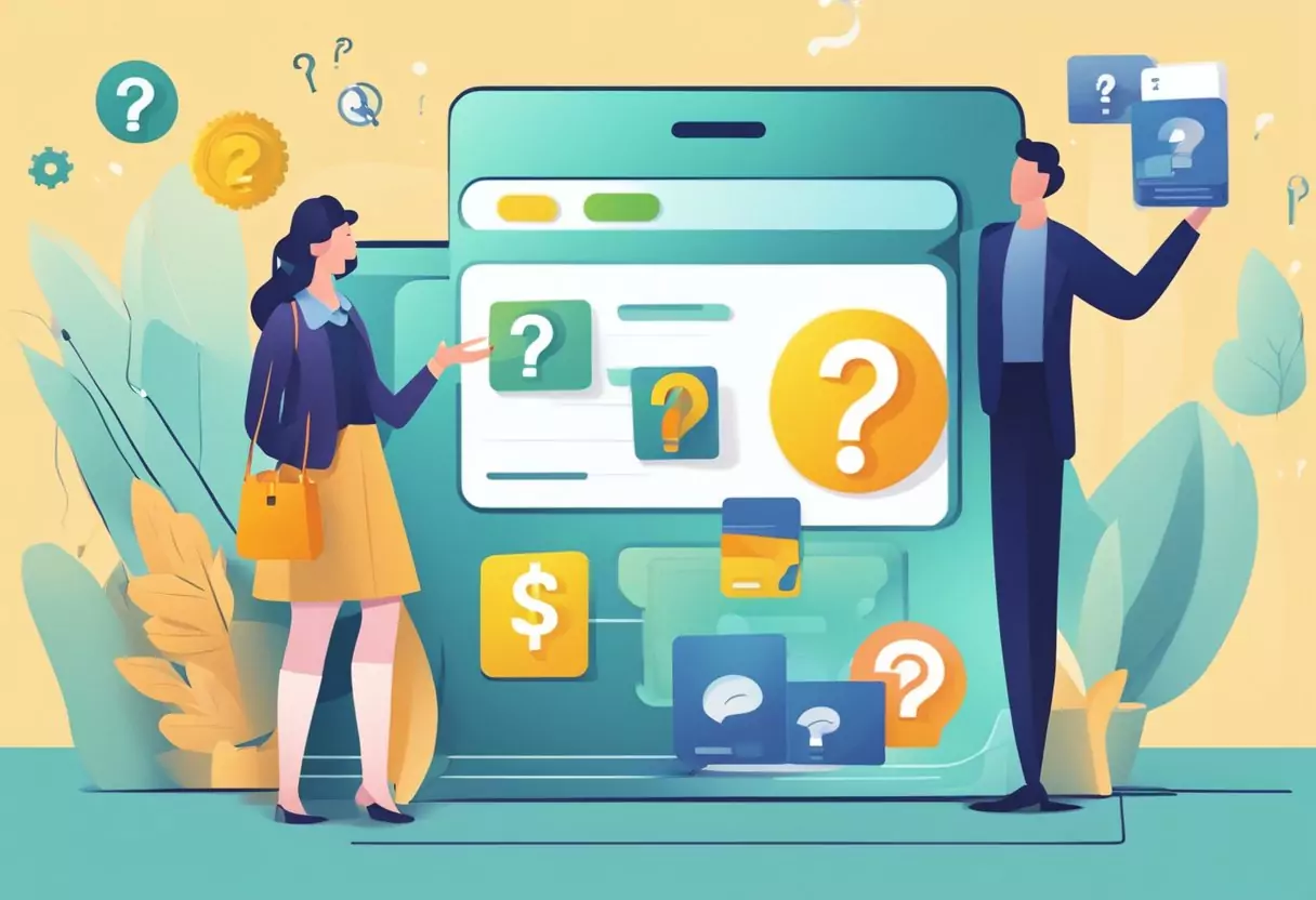 A person holding a DKB credit card, surrounded by question marks and issues, with a customer service representative offering assistance