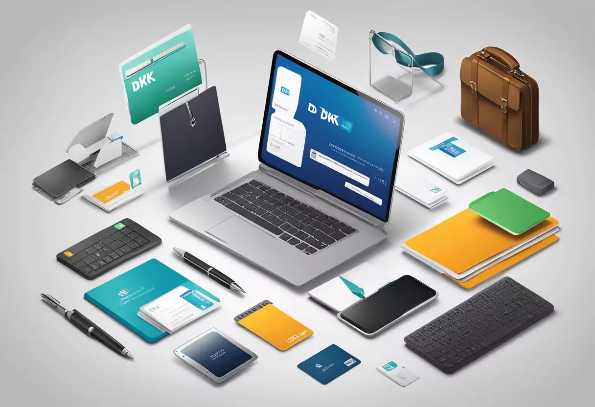 A DKB business credit card with the DKB logo prominently displayed, surrounded by various business-related items like a laptop, briefcase, and documents